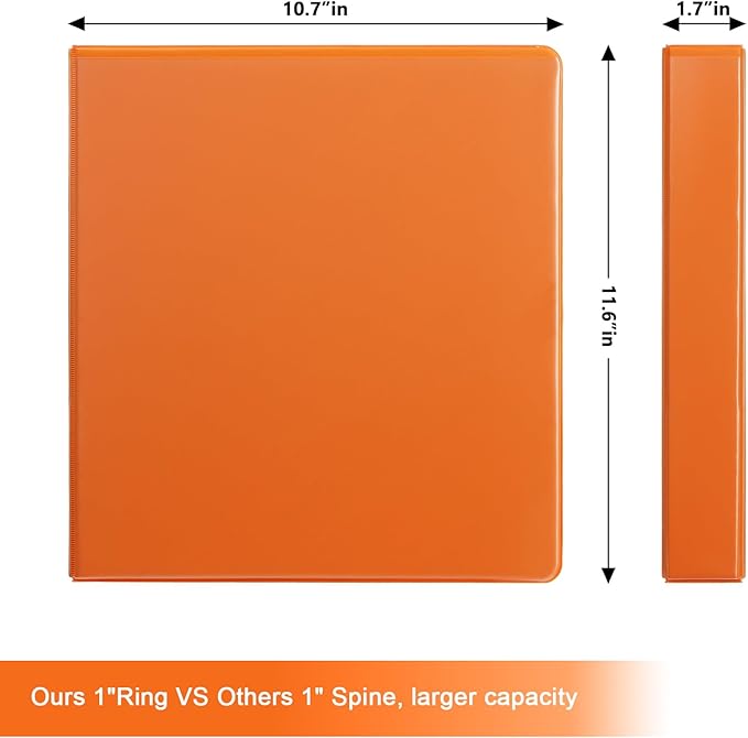 COMIX Sturdy 1 Inch Binders 3 Ring with Clear View Cover, 1" Slant-D Ring View Binder Holds 225 Sheets of US Letter Size Paper, 6 Pack (Orange)