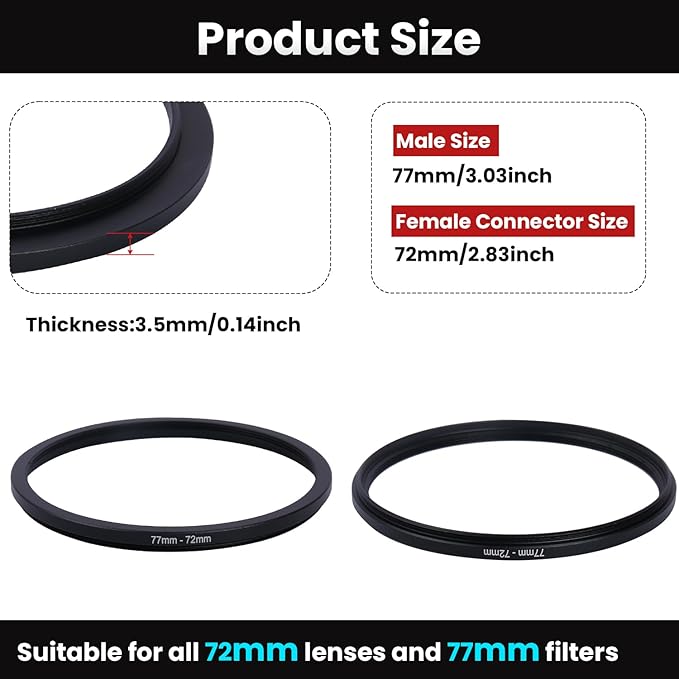 Metal Step Down Ring Filter Adapter - 77mm to 72mm - Metal Ring Step Down Rings Adapter Filter Compatible with All 72mm UV, CPL, ND, Lens Hood, Threaded Lens ect