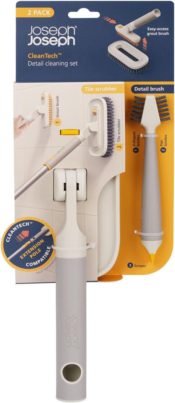 Joseph Joseph CleanTech Household Cleaning 2-Piece Set for Bathroom & Kitchen, Includes: 2-in-1 Tile Scrubber with Grout Brush and 3-in-1 Detail Brush with Nylon Scraper Tip