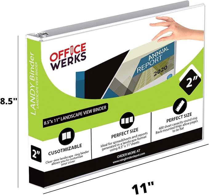 8.5" X 11" Landscape View Binder, 3-Ring 2 Inch Capacity Round Ring, White Horizontal Formatted with Clear Cover Pockets for Documents, Spreadsheets, Projects and More