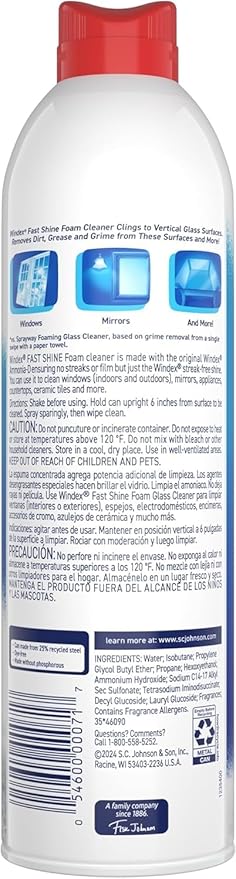 Windex Fast Shine Foam Glass Cleaner, No-Drip Aerosol Cleaning Spray, 19 oz.