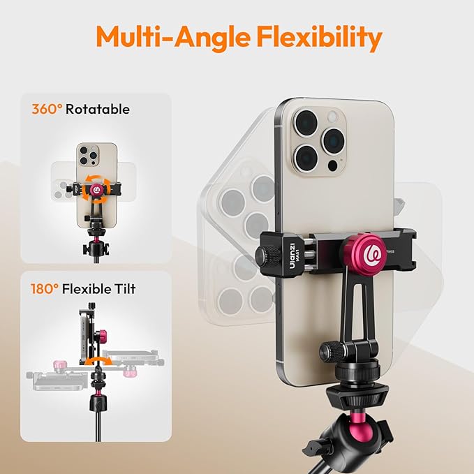 ULANZI MA61 Metal Phone Tripod Mount with Cold Shoe, 360° Adjustable Hot Shoe Camera Phone Mount for iPhone 17 16 15 14 Pro Max, Samsung, Aluminum Alloy Clamp for Vlogging, Live Streaming, Video