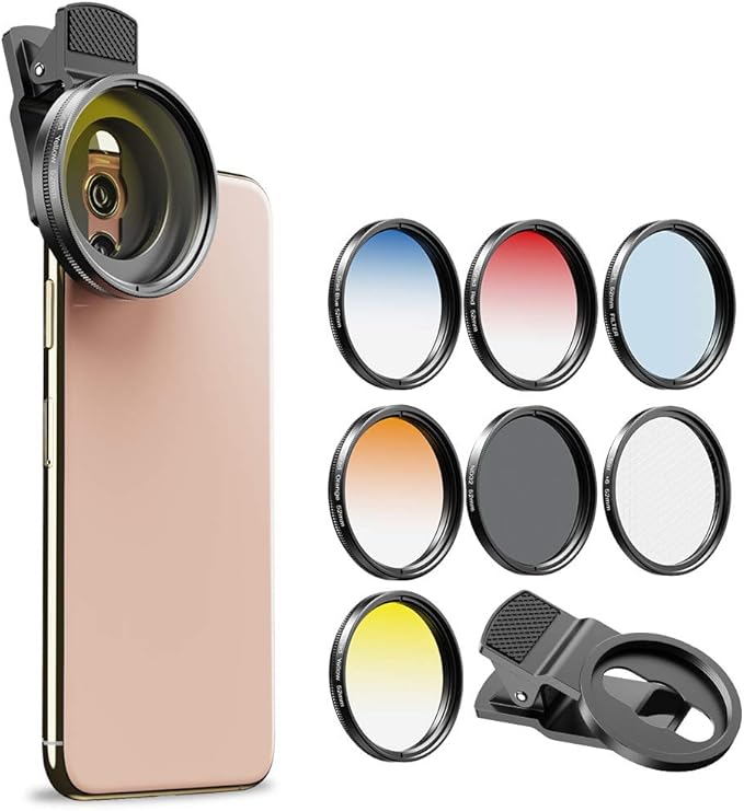 Apexel 52mm Filter Lens Kit (Graduated Filter Lens-Red Orange Yellow Blue, CPL, ND32, Star Lens-6 Point) for Smartphone Camera Canon Nikon Sony Olympus