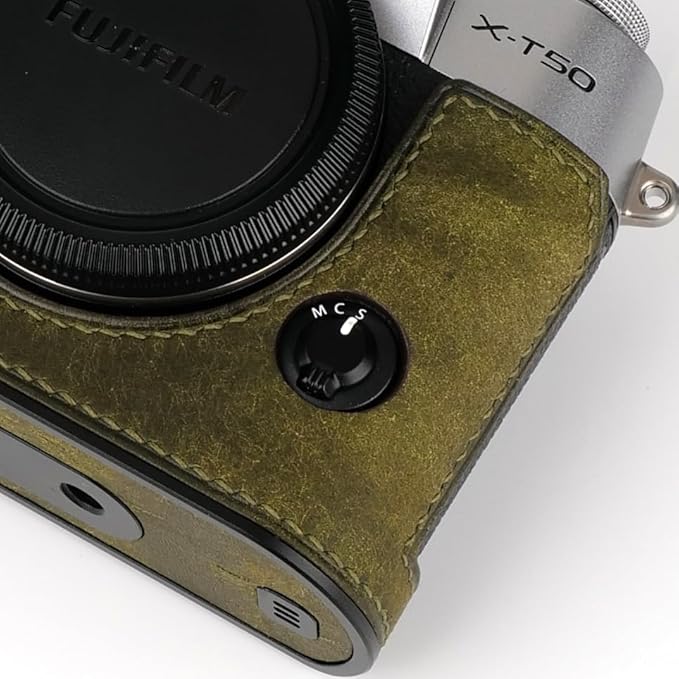 Handmade Genuine Leather Camera Half Case for Fujifilm X-T50 - Top Layer Cowhide Body + Hand Sewn Saddle Stitch + Metal Base Plate + Hand Shank Free 4-in-1 Design (Dark Green)