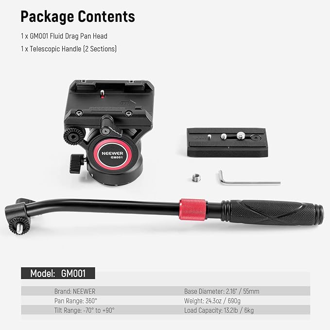 NEEWER Video Tripod Fluid Head with Quick Release Plate, Telescopic Handle & Panorama Scaled Base (⌀55mm), Max Load 13.2lb/6kg, Heavy Duty for DSLR Video Cameras, GM001
