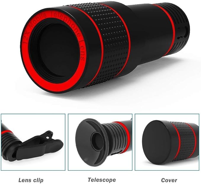 12x Optical Zoom HD Cell Phone Camera Lens, Telephoto Clip-On Lens for Single Lens Phone, Compatible with iOS X/8/7/6s/6 Plus Android Tablet, Used as Monocular Rubber Eyecup Carry Bag
