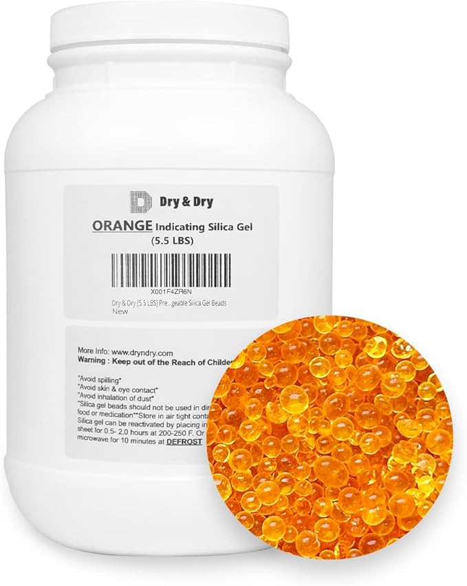 "Dry & Dry" [5.5 LBS] Premium Orange Indicating Silica Gel Desiccant Beads(Industry Standard 3-5 mm) - Rechargeable