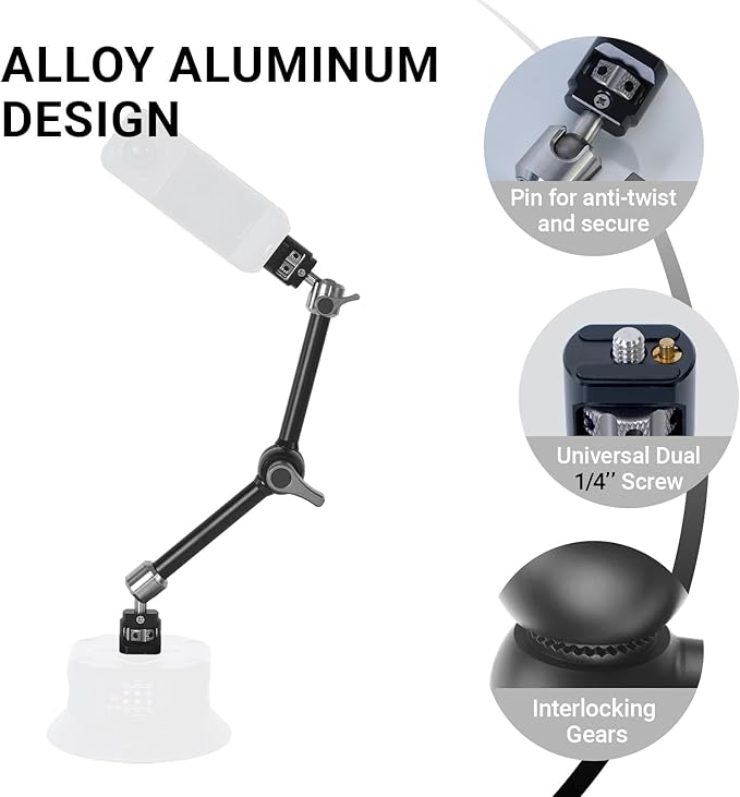 Heavy-Duty Articulating Magic Arm Mount with Super Clamp, 360° Dual Ball Head & 1/4" ARRI Locating Pin&Holes, Camera Monitor Mount for Action Camera Video LED Light (11" Magic Arm)