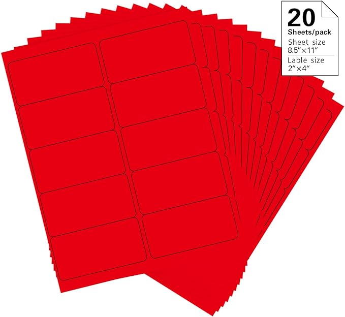 2" x 4" Colored Address Labels, 200 Bright Red Label Stickers- Laser/Ink Jet Printer Mailing Labels, 8.5"x11" 20 per Sheet