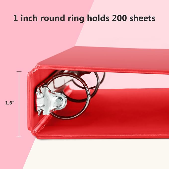 ViVin 1 Inch Round Ring View Binder for Durability, Standard 3 Ring Binder for 200 Sheets of US Letter Size Paper, PVC-Free, 6-Pack (Red)