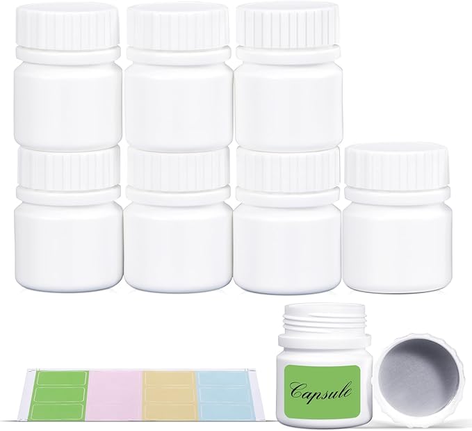 UMETASS Small Pill Bottle for Travel Screw Top, Empty Medicine Bottles for Pills Capsules Vitamins, Food Grade Wide Mouth Plastic Small Travel Medicine Containers with Labels (White, 1oz/30ml, 8 Pcs)