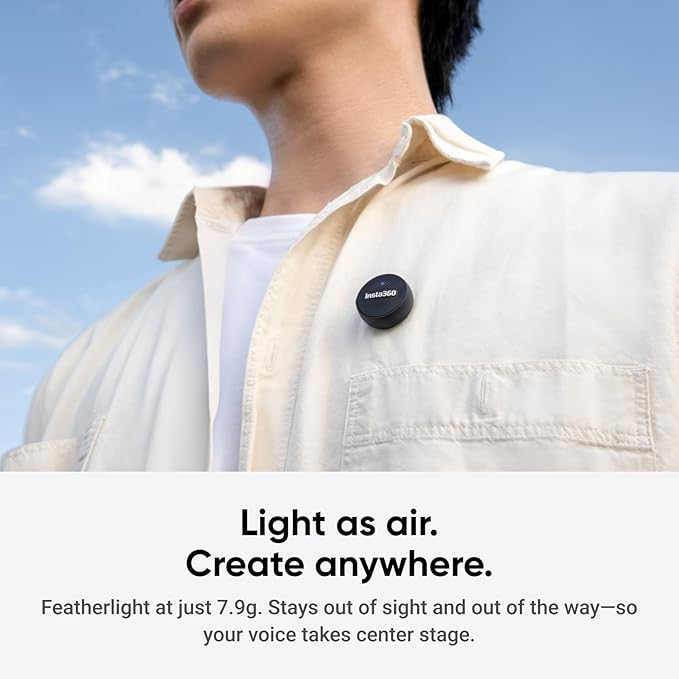 Insta360 Mic Air Transmitter, 7.9g Ultralight, Wireless Microphone, Noise Cancelling, Vlog, Streaming, Compatible X5/X4/X4 Air/Ace Pro 2/GO Ultra
