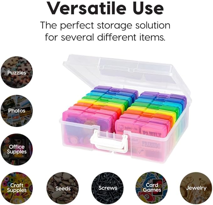 IRIS USA 4" x 6" Photo Storage Box Craft Keeper, 2-Pack, Transparent Handle Container with 16 Organization Holder Cases for Pictures, Tasks, Ephemera, Scrapbooking, Stationery, Multi-Color/Clear