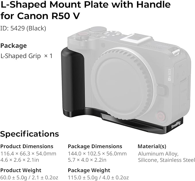 SMALLRIG R50 V Handgrip L-Shape Grip for Canon R50V with Quick Release Plate for Arca, Lightweight Ribbed Side Handle, Cold Shoe Mount, 1/4"-20 threaded holes, Support Vertical Shooting (Black) - 5429