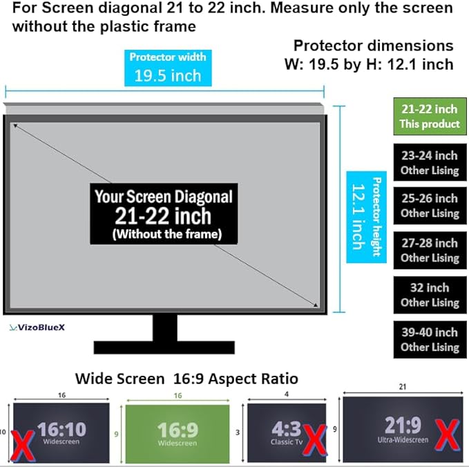 VizoBlueX 20 -21-21.5 -22 inch Anti-Blue Light Filter for Computer Monitor. Blue Light Screen Protector Blocking Panel 19.5“x 12.1” for LCD TV PC Mac iMac