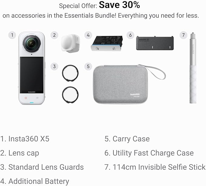Insta360 X5 Essentials Bundle Satin White - Waterproof 8K 360° Action Camera, Leading Low Light, Invisible Selfie Stick Effect, Rugged and Replaceable Lens, 3-Hour Battery, Built-in Wind Guard