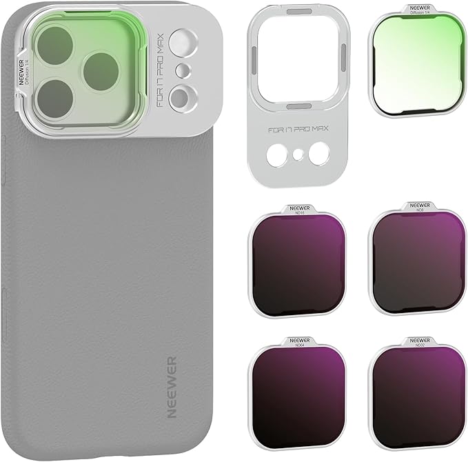 NEEWER ND Filter Set Only for PA134 Phone Case Compatible with iPhone 17 Pro Max, Neutral Density ND8/16/32/64 + Black Diffusion 1/4 + Magnetic Backplate, Lens Filter Accessories Kit, Silver