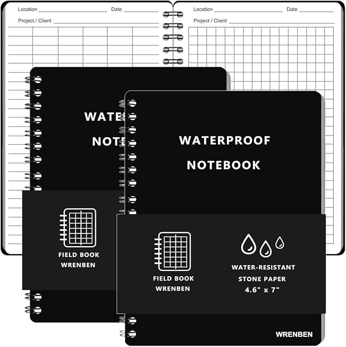 2PCS Weatherproof Spiral Notebooks with Waterproof Paper and Hard Cover, Field Book for Outdoor Camping, 100 pages per All-Weather Notepad, A6 Medium Size Steno Pads (4.8"x7", Black)