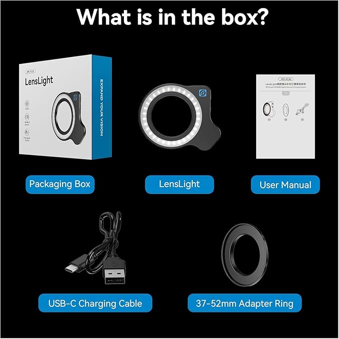 37mm+52mm Thread Macro Lens Fill Light (Only Light), Portable Phone Lens Ring Light with High Power 32 LED/CRI 95+/ 45 Light Modes, Lens Attachments for All 37mm+52mm Phone Lens/Filter/Camera Lens