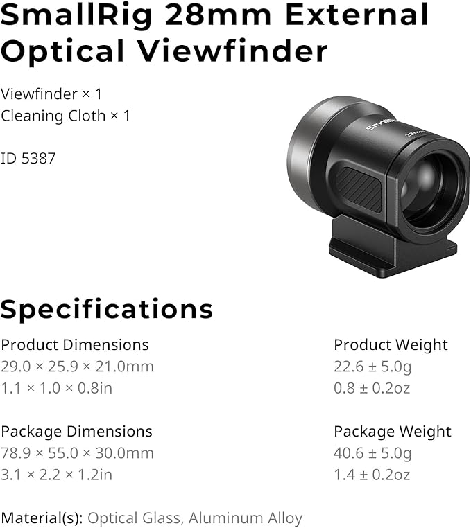 SmallRig 28mm External Optical Viewfinder, 4:3 Viewfinder, 5-Lens Optical System with Vintage Film-era Shooting for FUJIFILM, for Leica, for RICOH, for Canon, for Sony, for Nikon - 5387