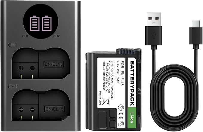 EN-EL15 Replacement Battery with LCD Dual Charger - 2800mAh Li-ion Battery for Nikon D850 D750 Z6II Z7II Z5 D500 D7500 D800 Z8 Zf D810 D800E D810A D600 D610 1 V1 DSLR & Mirrorless Cameras