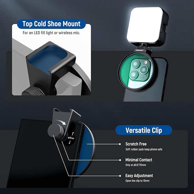 NEEWER 67mm 1/4 Black Diffusion Filter & Cold Shoe Phone Clip, Pouch & Lens Cleaning Cloth, Compatible with iPhone 17 16 16e 15 Pro Max Android Samsung Galaxy S25 Ultra