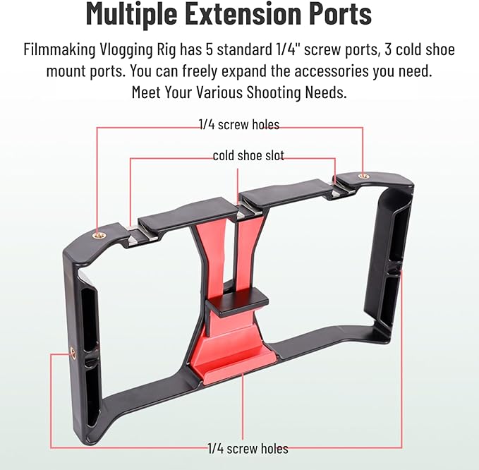 Smartphone Video Rig, Phone Video Stabilizer Grip Vlogging Cage with Cold Shoe 1/4 Screw Hole, Phone Handheld Rig for Videomaker Film Maker Video Grapher Live Recording