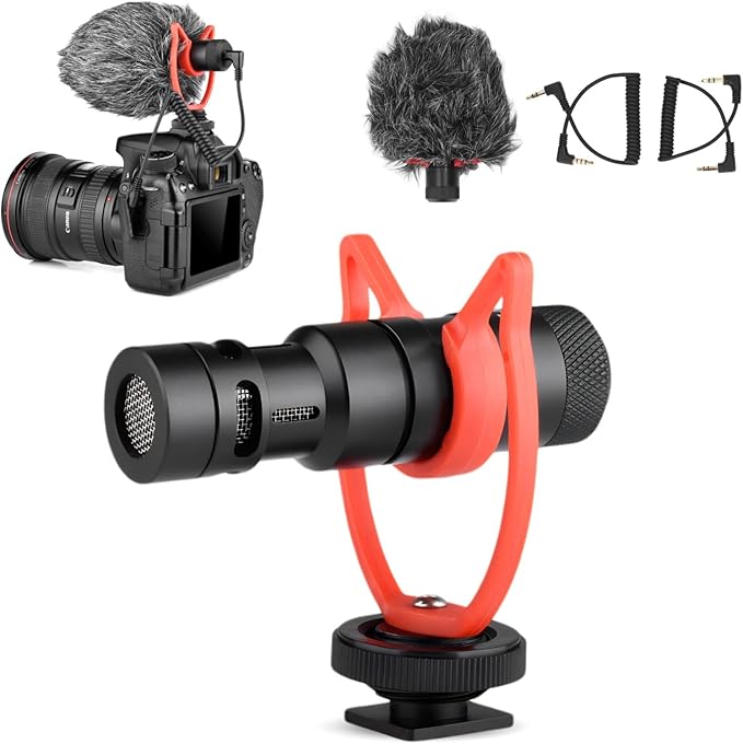 MIC10 Mini Video Shotgun Mic for Camera - 3.5mm Universal Camera Microphone for DSLR Smartphones Computers - Noise Reduction High Sensitivity Condenser Mic with Shock Mount & Fur Cover