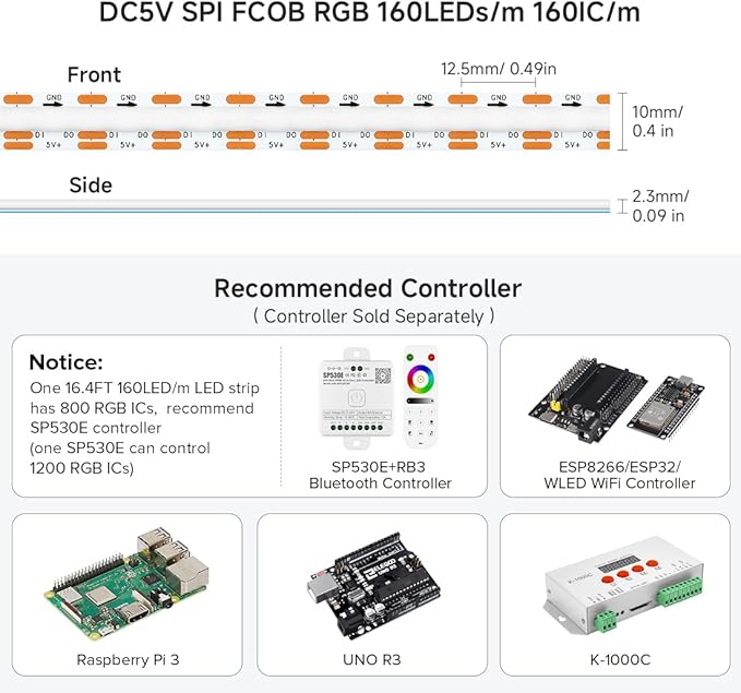 BTF-LIGHTING FCOB COB WS2812B IC RGB LED Strip DC5V 16.4FT Individual Addressable 160Pixel/m 800LEDs 800IC Dream Color IP30 Non-Waterproof High Density Light 0.39in Width(No Adapter or Controller)