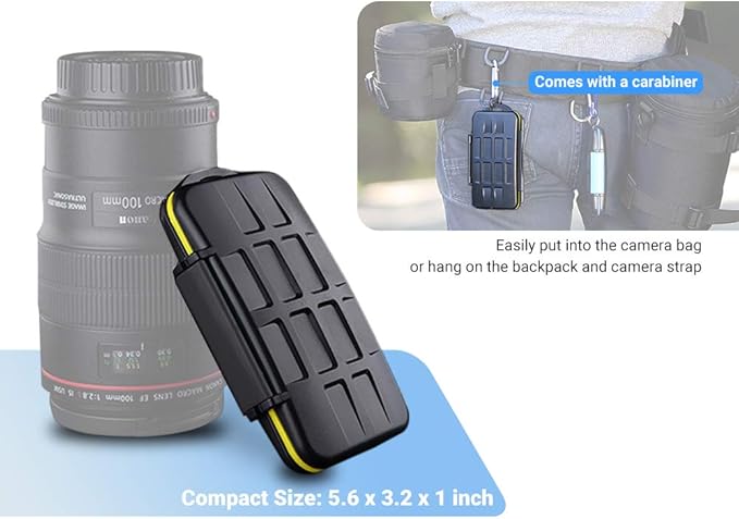 12 Slots SD Memory Card Case Storage, Water-Resistant Anti-Shock SD SDHC SDXC Card Holder Carrying Case with Carabiner