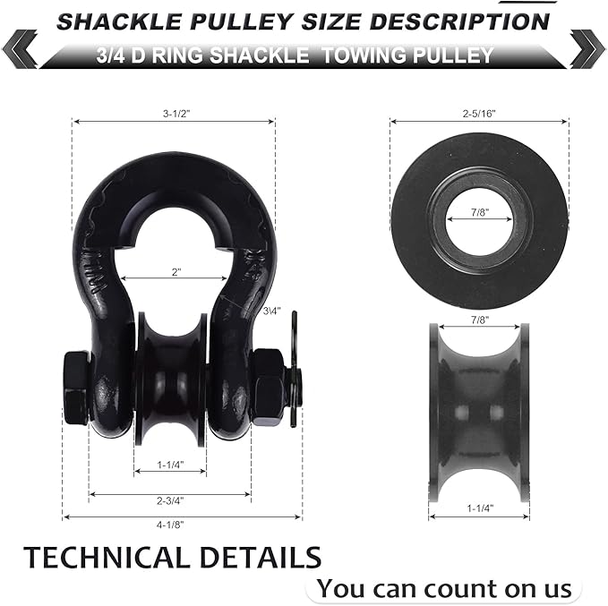Upgraded Snatch Block, 3/4" D Ring Shackle (2 Pack) 22,000lb Break Strength with Towing Pulley, Heavy Duty Offroad Recovery Accessory for Truck, Tractor, ATV & UTV - Black