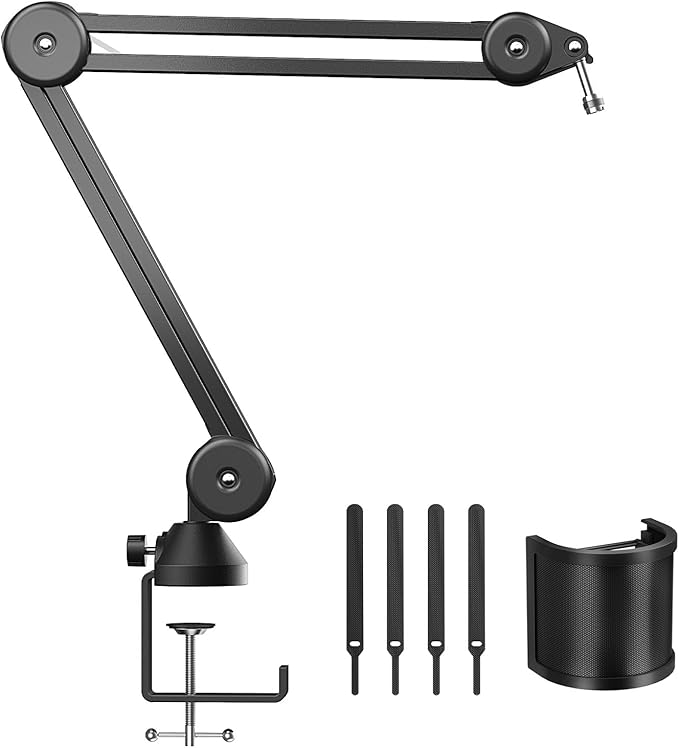 TONOR Microphone Boom Arm, Adjustable Microfono Stand Mic Arm with Extra-large Pop Filter, 3/8’’ and 5/8’’ Screwadapter, Equipment for Podcast, Recording, Streaming, 40cm+40cm, T40