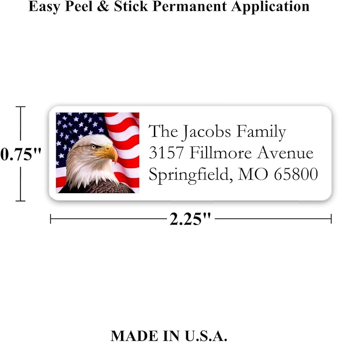 Return Address Labels American USA Flag & Eagle - Custom Mailing Return Address Labels/Stickers for Envelopes, Easy Peel and Stick, Permanent Rectangle Labels (White) Made in The USA (Set of 60)