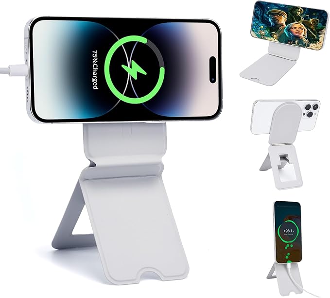 Magnetic Phone Stand, Foldable Cell Phone tripods Stain-Resistant Leather & Angle Adjustment, Multifuctional Strong Magnets Tripod for iPhone 16/15/14/13/12 -Grey