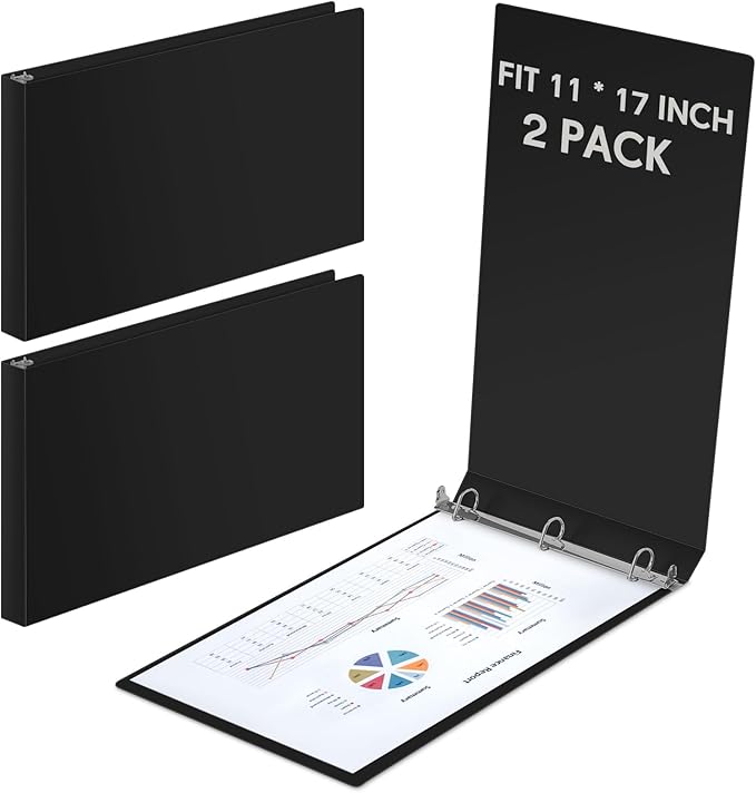 Humyoun 2 Pcs 11 x 17 Inch 3 Ring Binders 1 Inch Rings Heavy Duty View D Ring Binders Economy Holds 11" x 17" Paper for Artwork Blueprints, Office, Home, Work Places (Black)