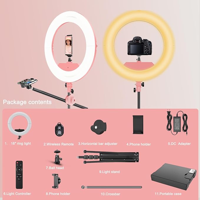 55W18 45cm Ring Light Kit [New Version] 6700K Dimmable LEDRinglightTripod Stand Dual Phone Holder for iPhone Selfie Makeup LashTattoo Studio Lighting Painting,Photo Video Recording (Pink)