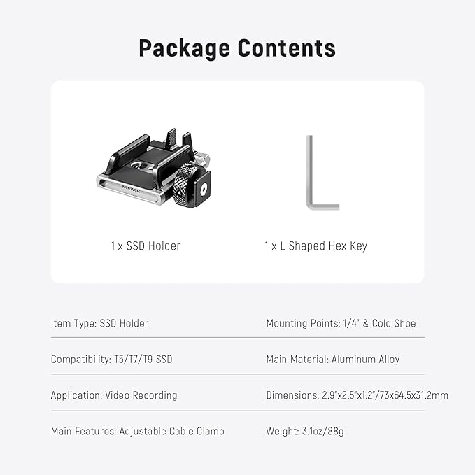 NEEWER Universal SSD Holder Mount Bracket with Cold Shoe/Cable Clamp, 1.6"-2.6" for T5 T7 T9 SSD, Compatible with SmallRig Cage for BMPCC 4K 6K, 15 Pro/15 Pro Max Phone Cage, UA059