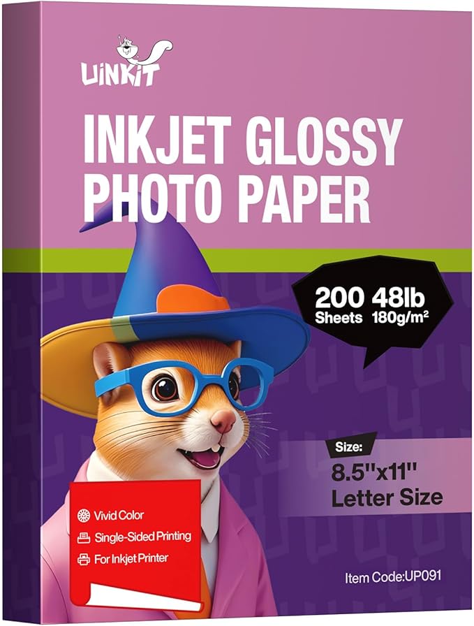 Uinkit Bright White Single Sided Glossy Photo Paper - 8.5x11 Letter Size 180gsm (48lb), 200 Sheets Bulk Pack Instant Dry Dye Inkjet Paper, Smudge Resistant Professional Printing Papers Bulk Use