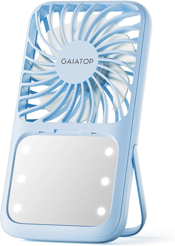 Gaiatop Portable Handheld Fan, 3 Speed LED Makeup Mirror with Light, Folding Stand for Desktop, Rechargeable Mini Personal Fans Small Travel Essentials Gifts for Women Girls