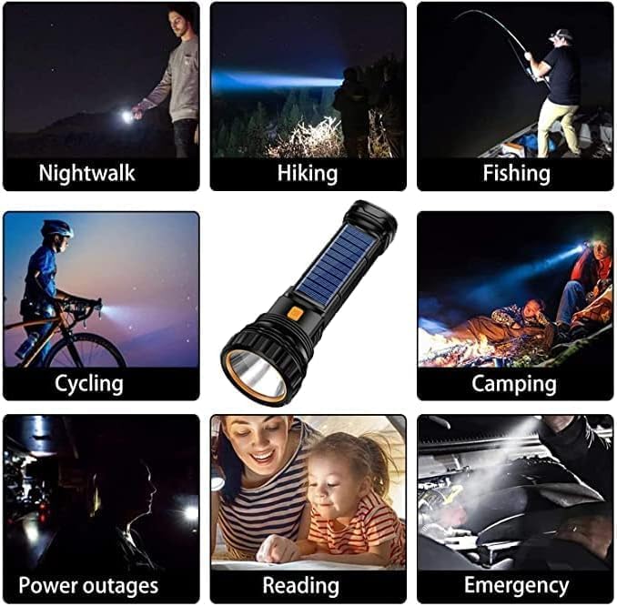 4pcs Solar/Rechargeable Multi Function 1000 Lumens LED Flashlight, with Emergency Strobe Light and 1200 Mah Battery, Emergency Power Supply and USB Charging Cable, Fast Charging (4PC)