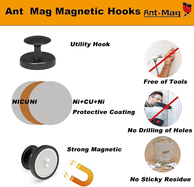 Ant Mag Magnetic Hooks Heavy Duty for Coat Hanging Strong Magnetic Hangers for Metal Surface Great Organization for Cruise Cabinet Door Kitchen Room Office
