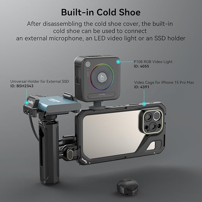 SMALLRIG Quick Release Side Handle for Universal Mobile Phone Cage 4299 and iPhone 15 Series Cage, Aluminum Handle Grip with Built-in Cold Shoe - 4403
