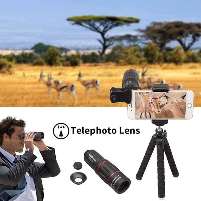 15 in 1 Universal Phone Camera Lens Kit 18X Telephoto lens Wide Angle lens,Macro Lens, Fisheye lens,Kaleidoscope 3/6 lens, CPL/Flow/Star/Radial Filter, Tripod, Remote Shutter for most of Smartphone
