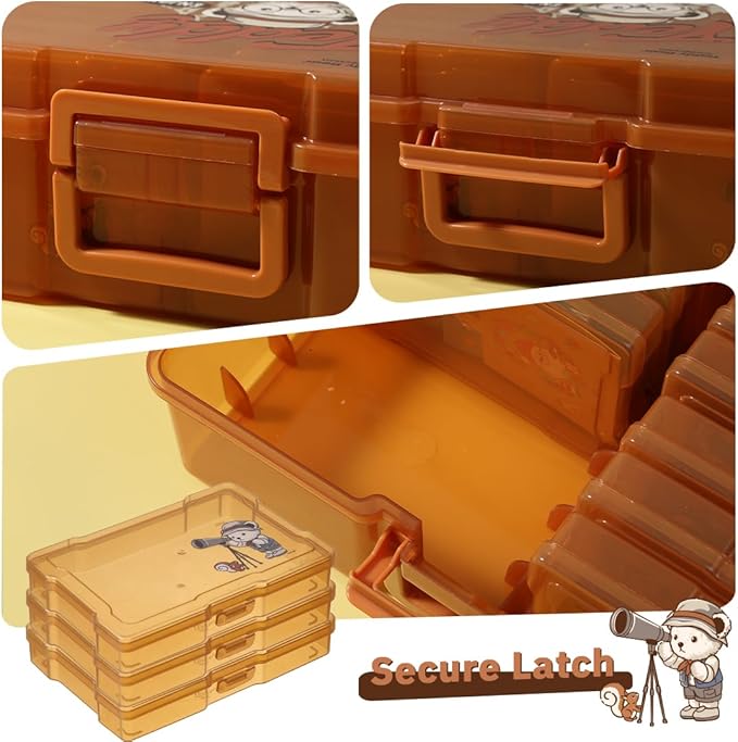 Naivees Photo Containers Storage Case Teddy Storage Box 4" x 6" Plastic Cartoon Organizer with 16 Inner Photo Containers Boxes for Photos,Cards,Pictures (Camping Brown)