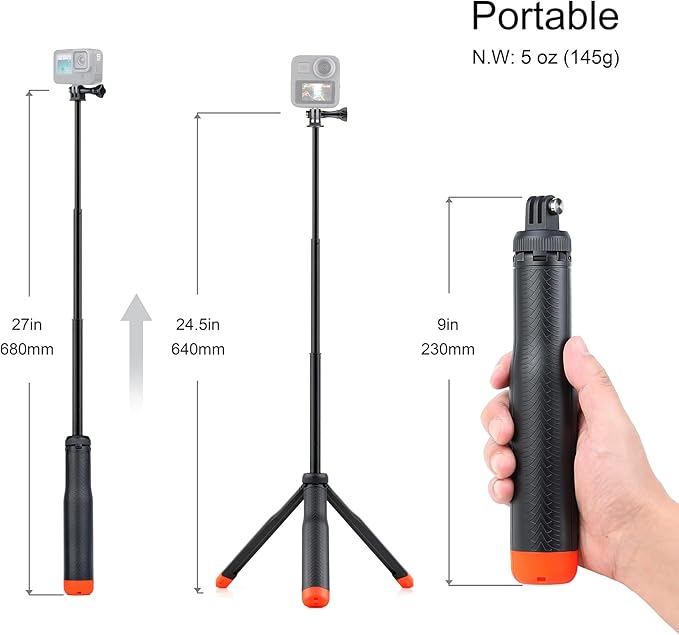 Multi-use Handheld, extendable Selfie monopod, Portable Tripod, and Floating Device for GoPro Hero 3, 3+, 4,5,6,7,8, 9, 10, 11, 12, 13 Session, 2018, Cell Phones and Other Digital Cameras/cams