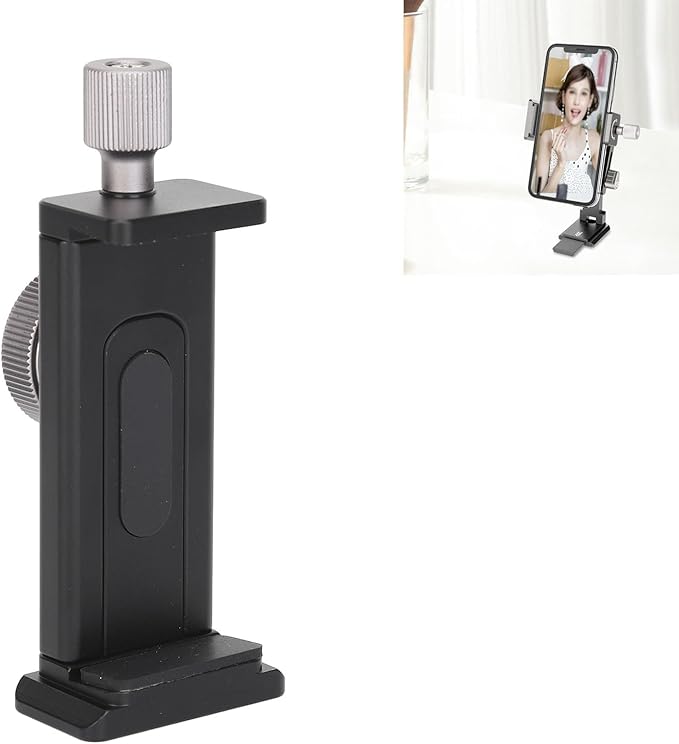 Phone Tripod Mount with Cold Shoe, 64-110mm Adjustable Clamp, Dual 1 / 4in Screw Holes, Universal Smartphone Tripod Adapter for Vlogging and Photography