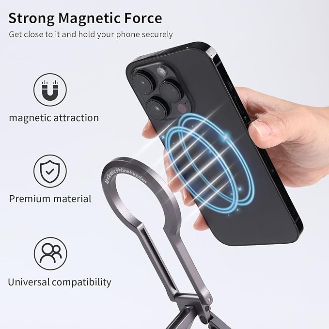 Magnetic Phone Tripod Stand, Aluminium Alloy Strong Magnet Quick Mount Foldable Mini Tripod for iPhone 17/16/15/14/13/12 Series & Android, Ultra-Light Portable Pocket Cell Phone Stand