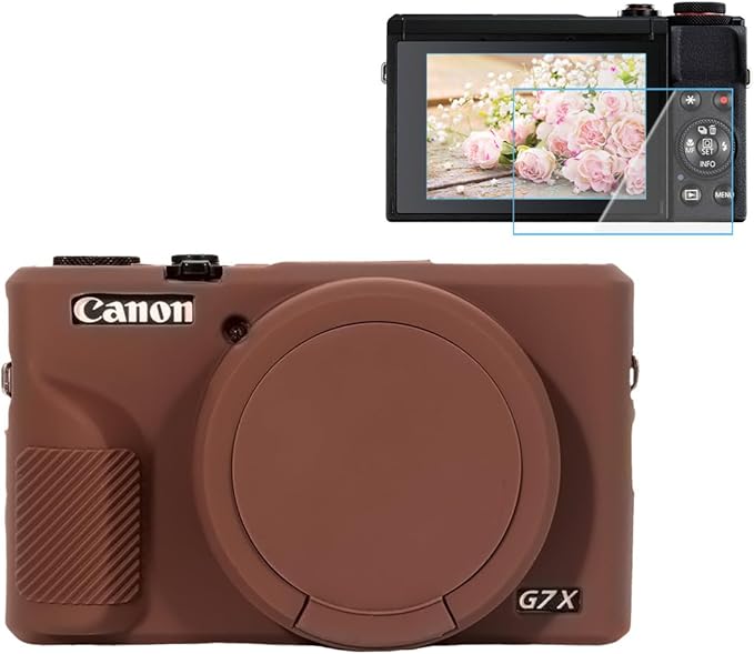 Pocoukate Case for Canon G7X Mark III Camera, Soft Silicone Protective Cover with Removable Lens Cover and Screen Protector - Coffee