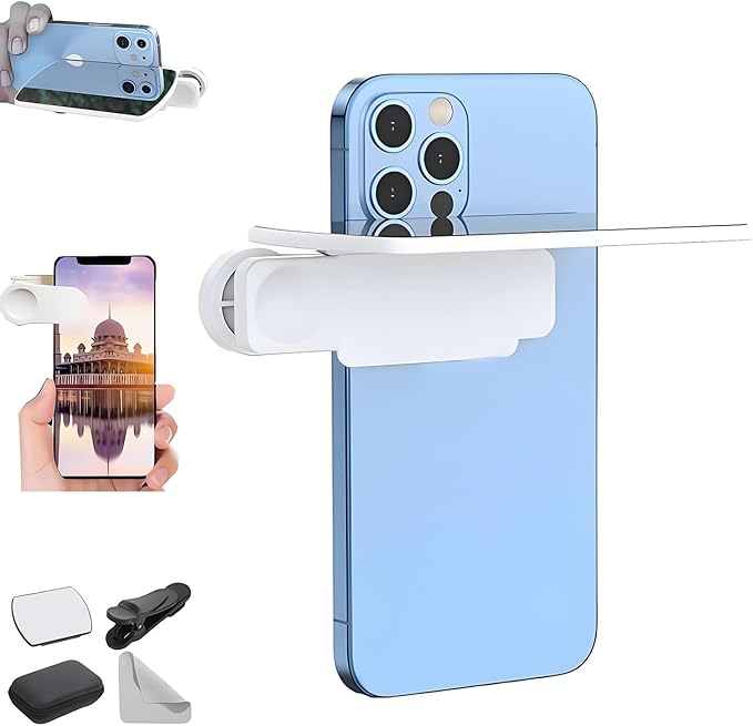 Mirror Reflection for iPhone, Smartphone Camera Mirror Reflection Clip Kit, HD Glass Mirrors for Phone to Use Back Camera, Portable Mirrors for iPhone Back Cameras Photography (White)