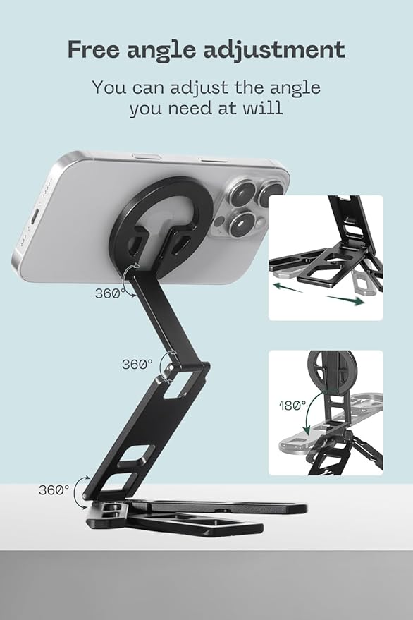 FANAUE Magnetic Tripod Mount - 360° Adjustable Aluminum Stand, Portable Foldable Design, Strong Magnetic Compatible Holder for iPhone, iPad, Smartphones, Vlogging, and Content Creation